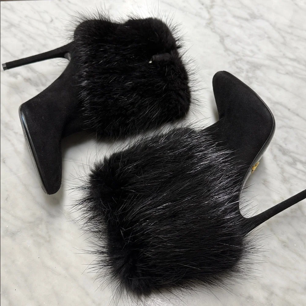 Prada Fur Trim Stiletto Heel Pointed Toe Bootie Size 38